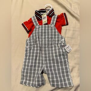 Baby Boy Plaid Shortall & Red Polo Shirt Set NWT 3–6 Months